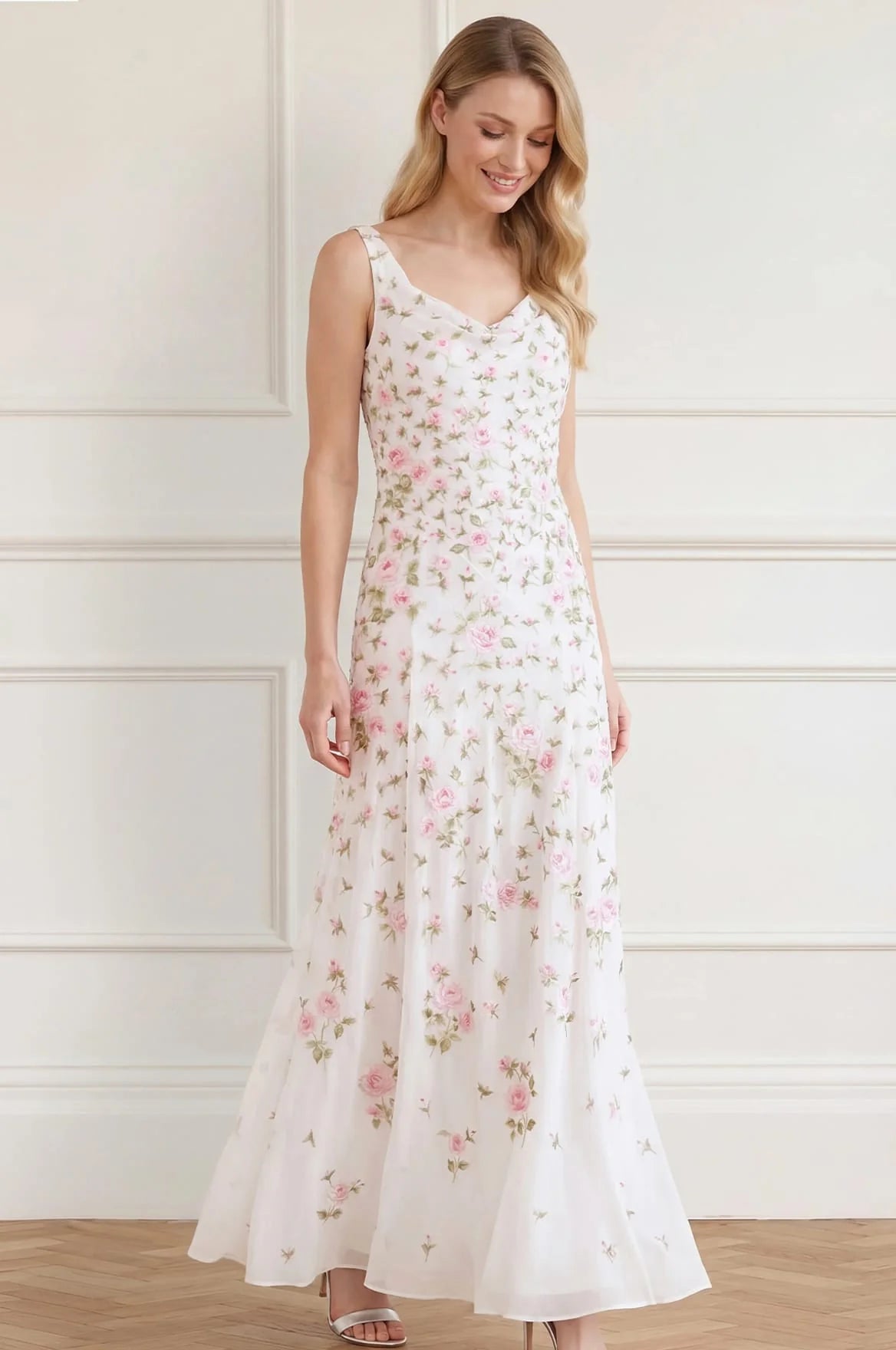 Rose Bloom Georgette Sleeveless Floral Evening Dress in White