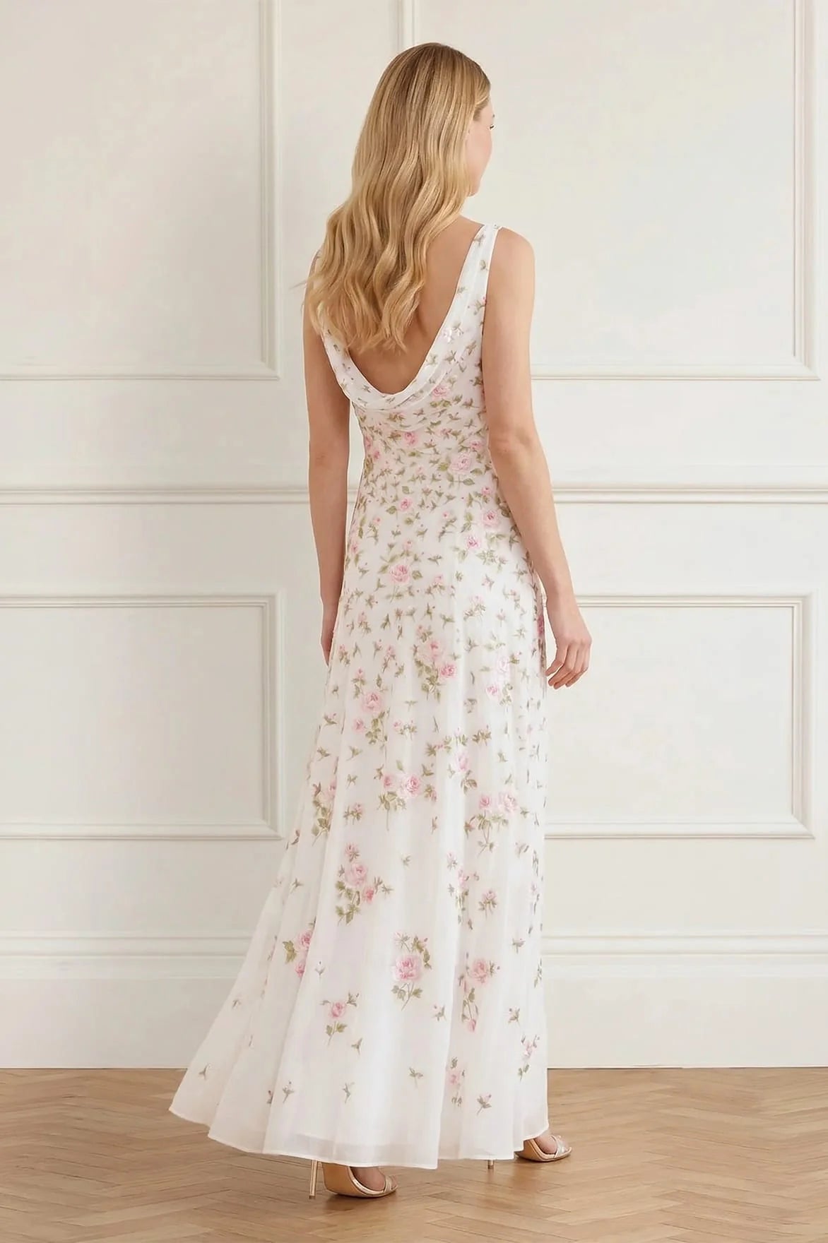 Rose Bloom Georgette Sleeveless Floral Evening Dress in White