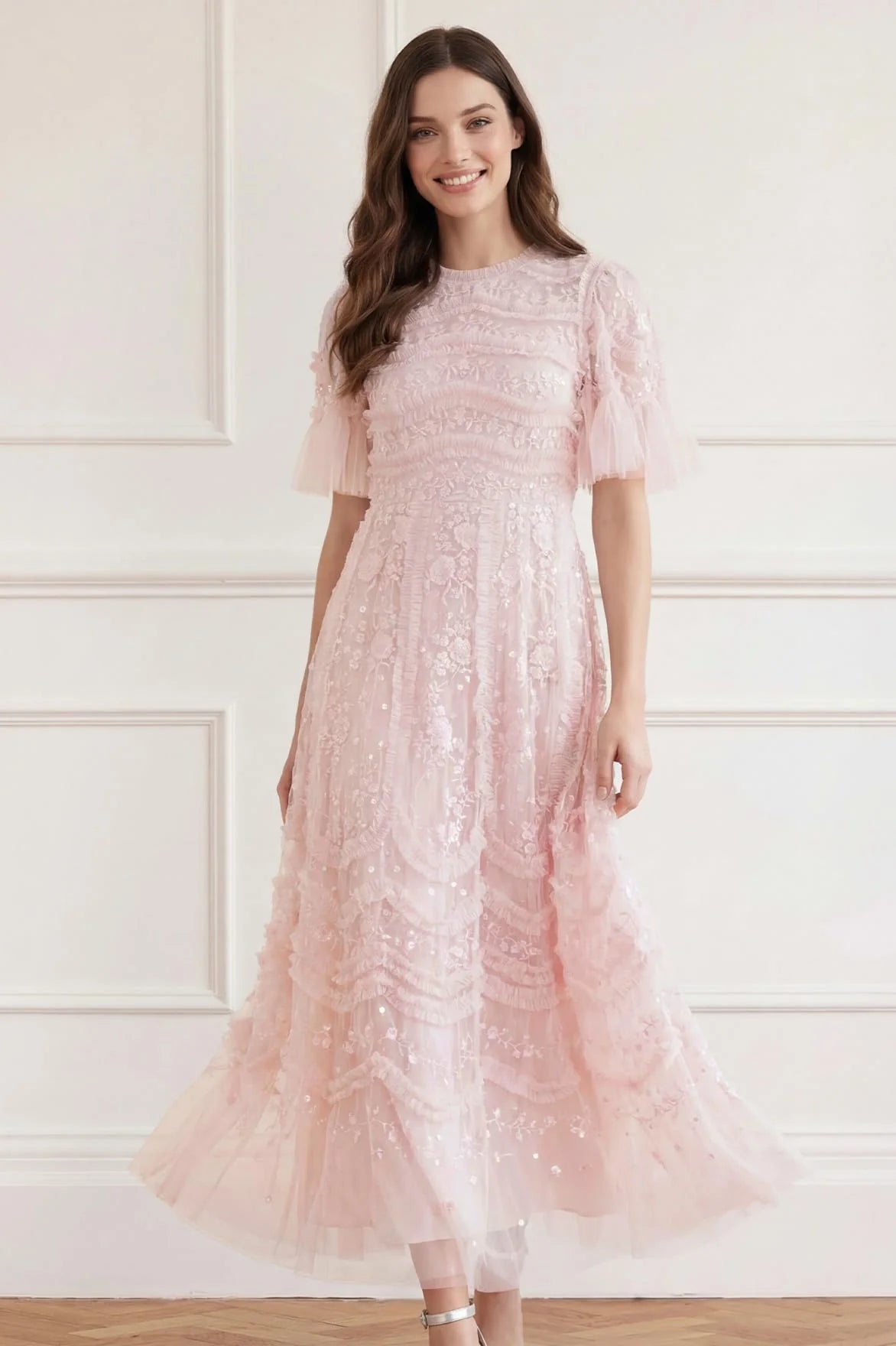 Gianna Ruffles Floral Sequins Evening Dress in Pink