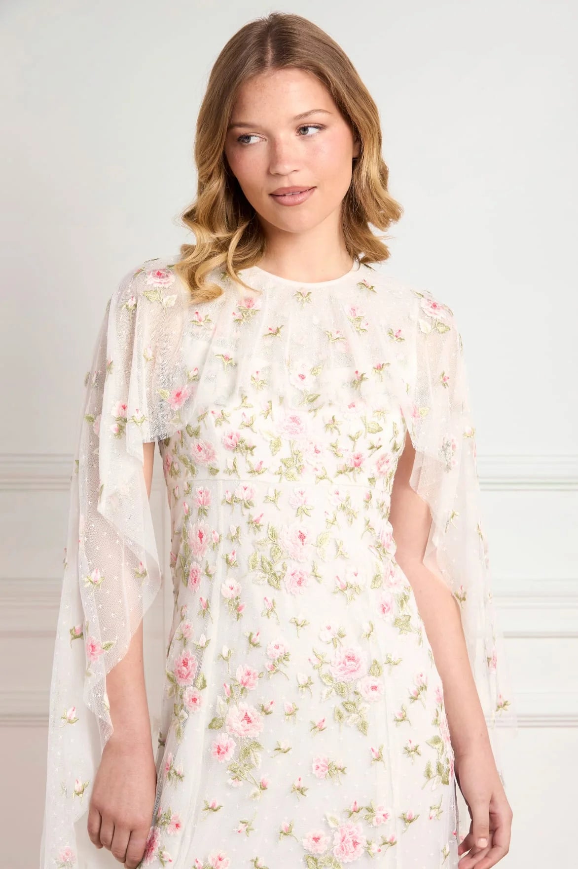 Rose Bloom Cape Floral Evening Dress in White