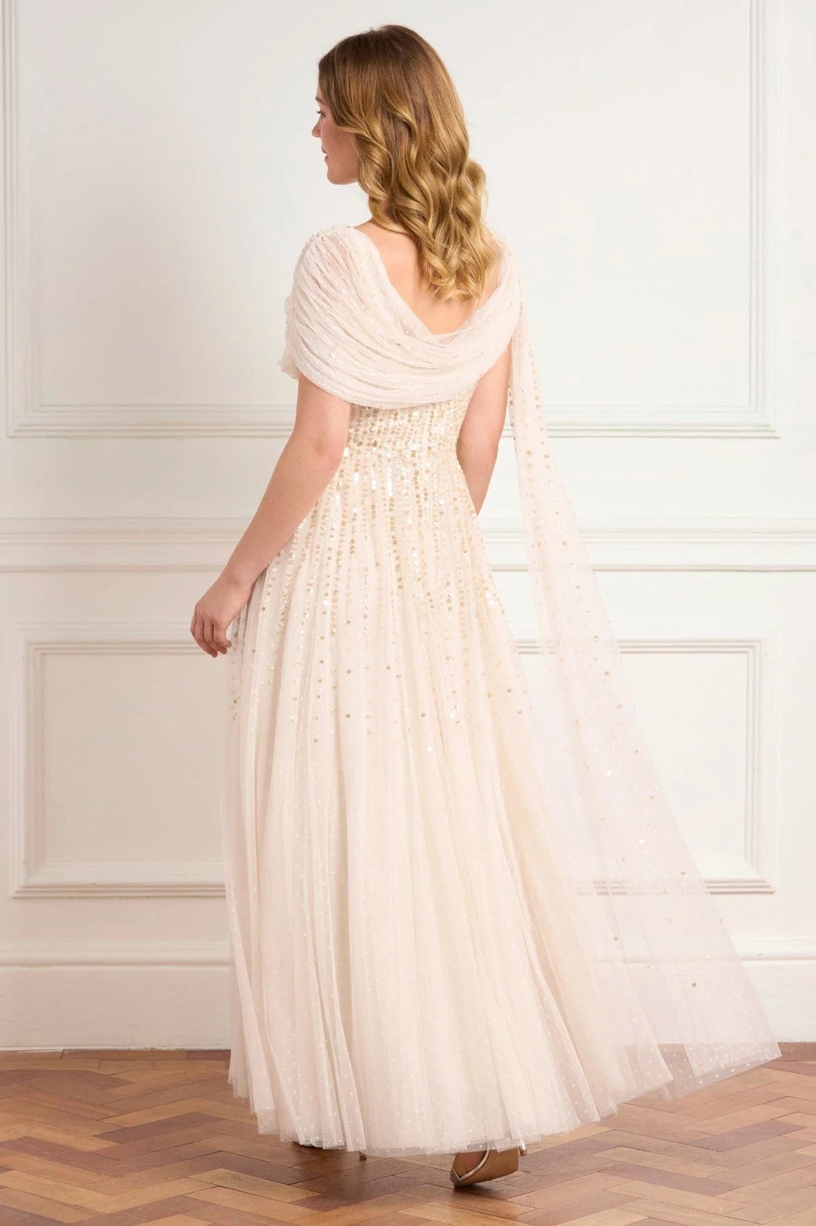Moonlight Sequins Draped Evening Dress in Gold