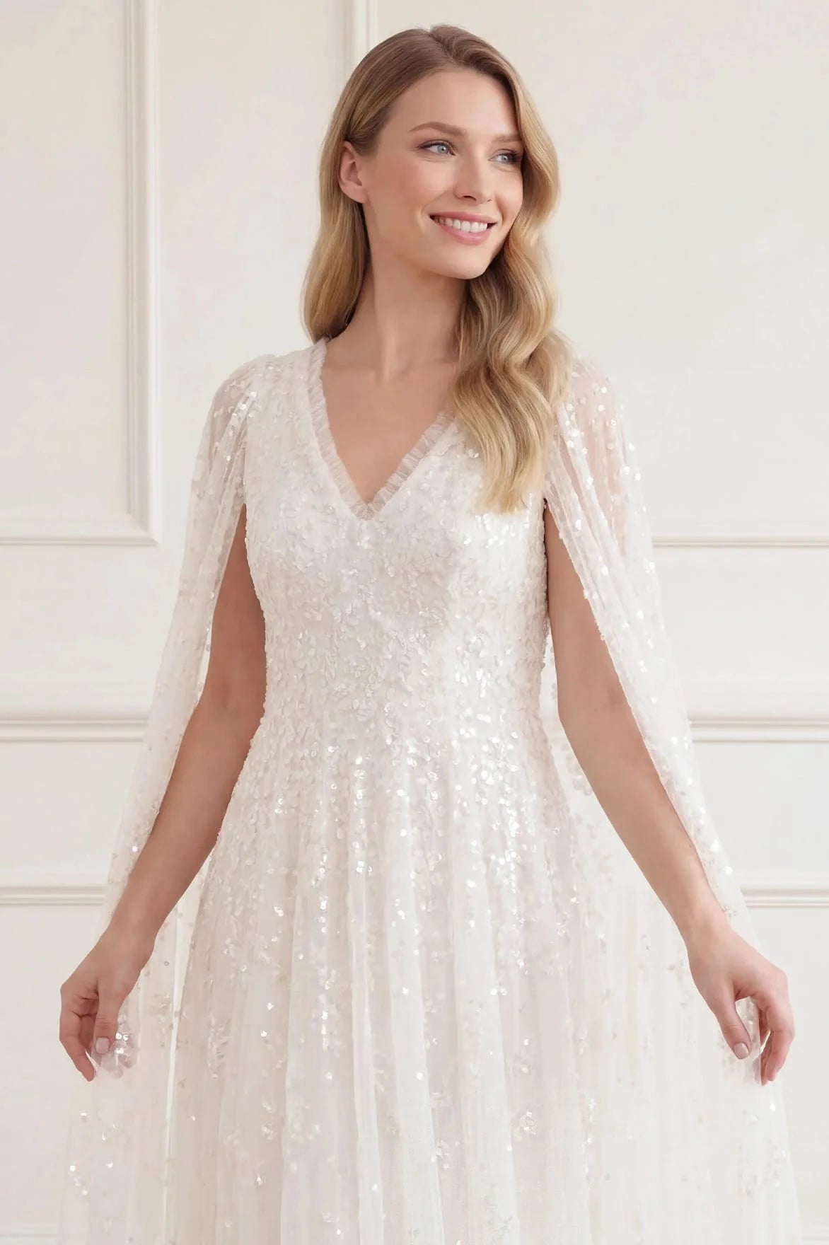 Versailles Ditsy Cape Floral Sequins Evening Dress in White
