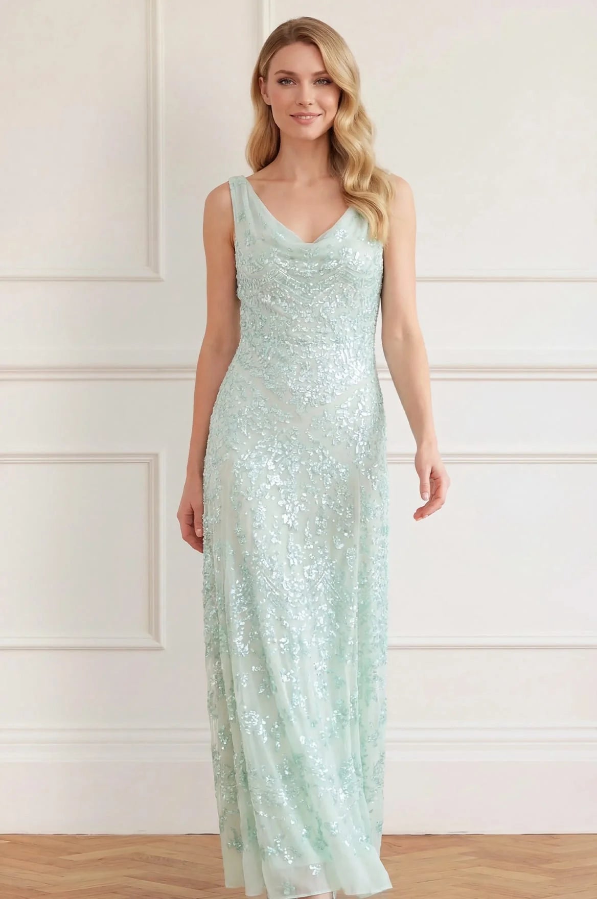 Freya Georgette Sleeveless Floral Sequins Evening Dress in Green