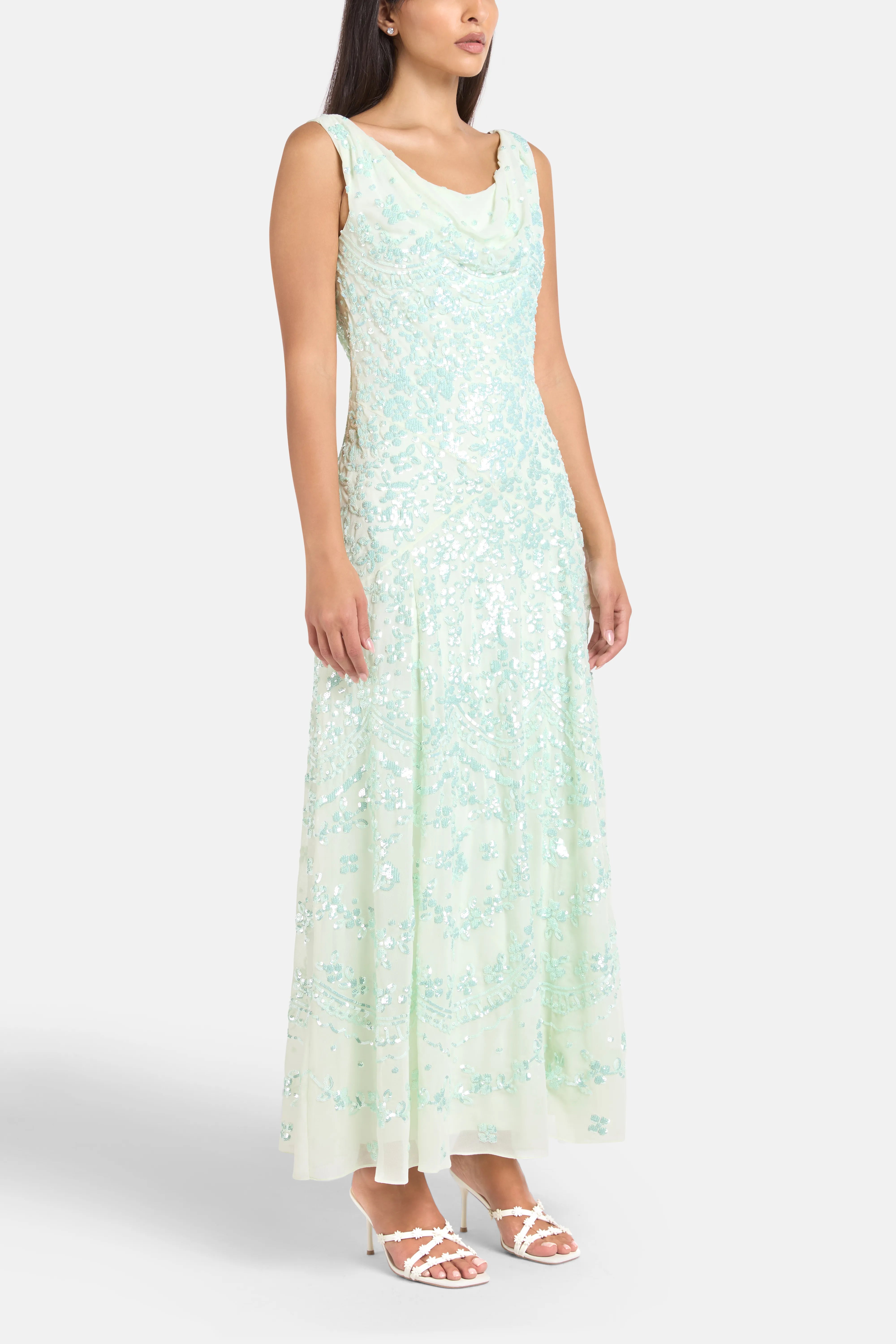 Freya Georgette Sleeveless Floral Sequins Evening Dress in Green