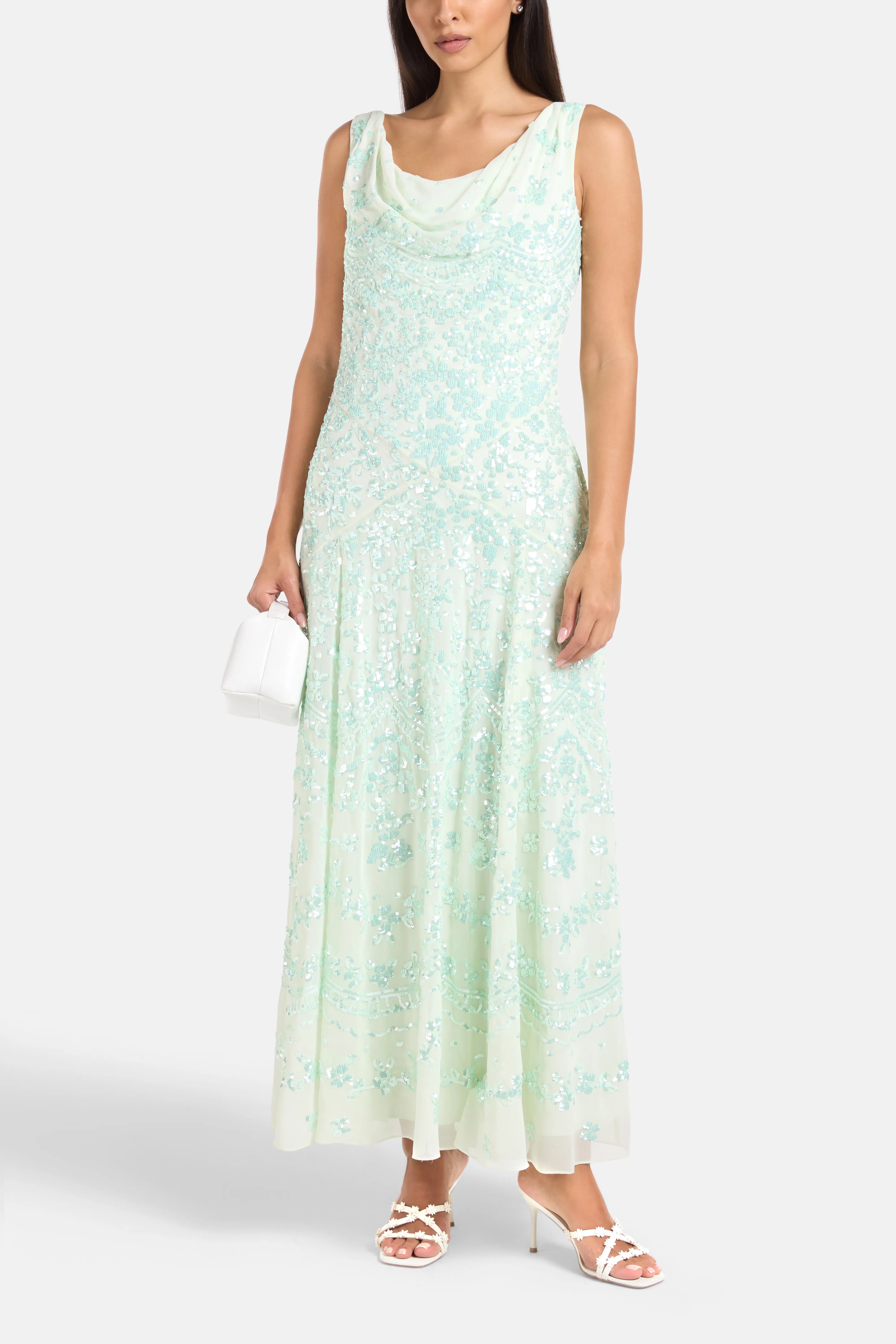 Freya Georgette Sleeveless Floral Sequins Evening Dress in Green