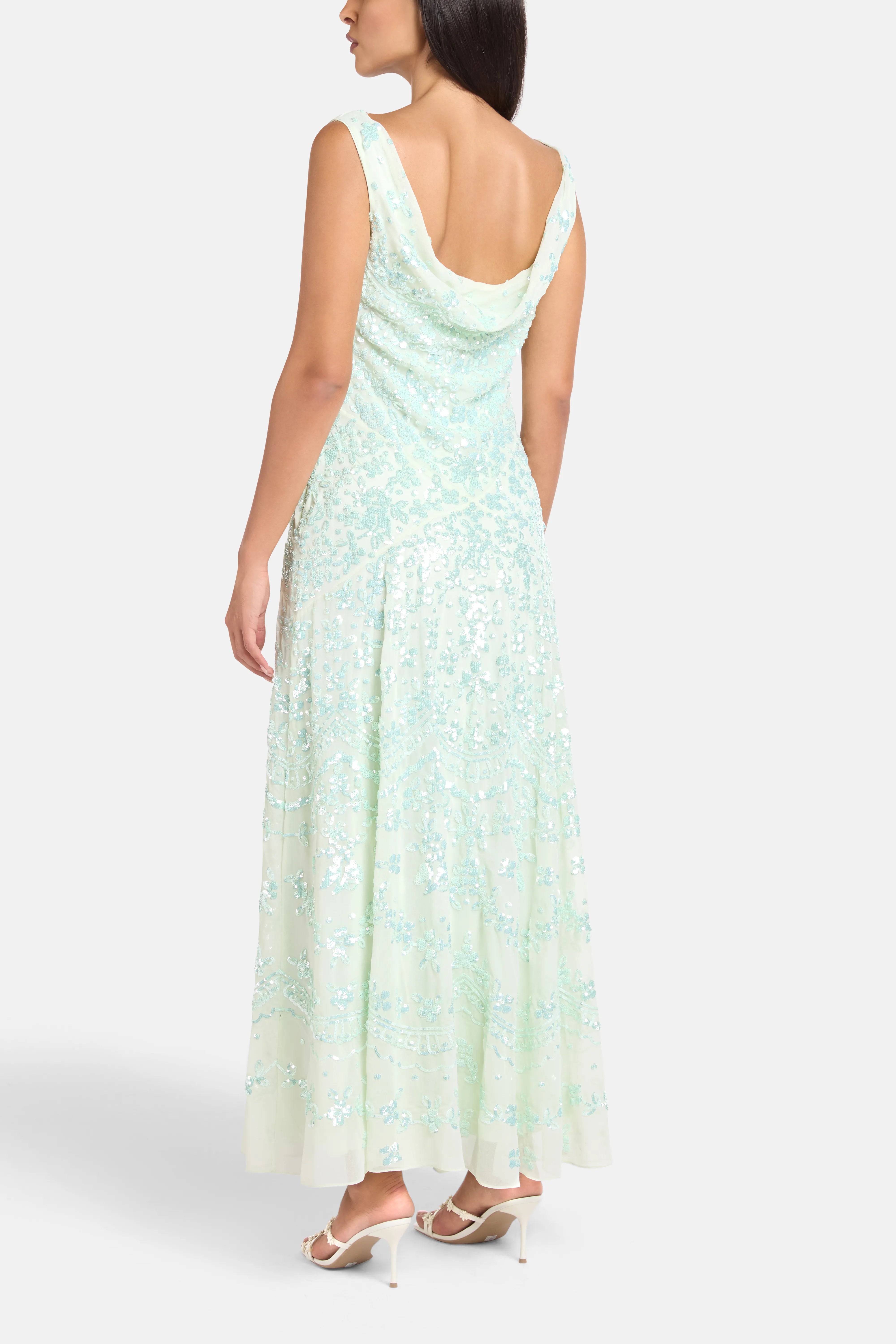 Freya Georgette Sleeveless Floral Sequins Evening Dress in Green