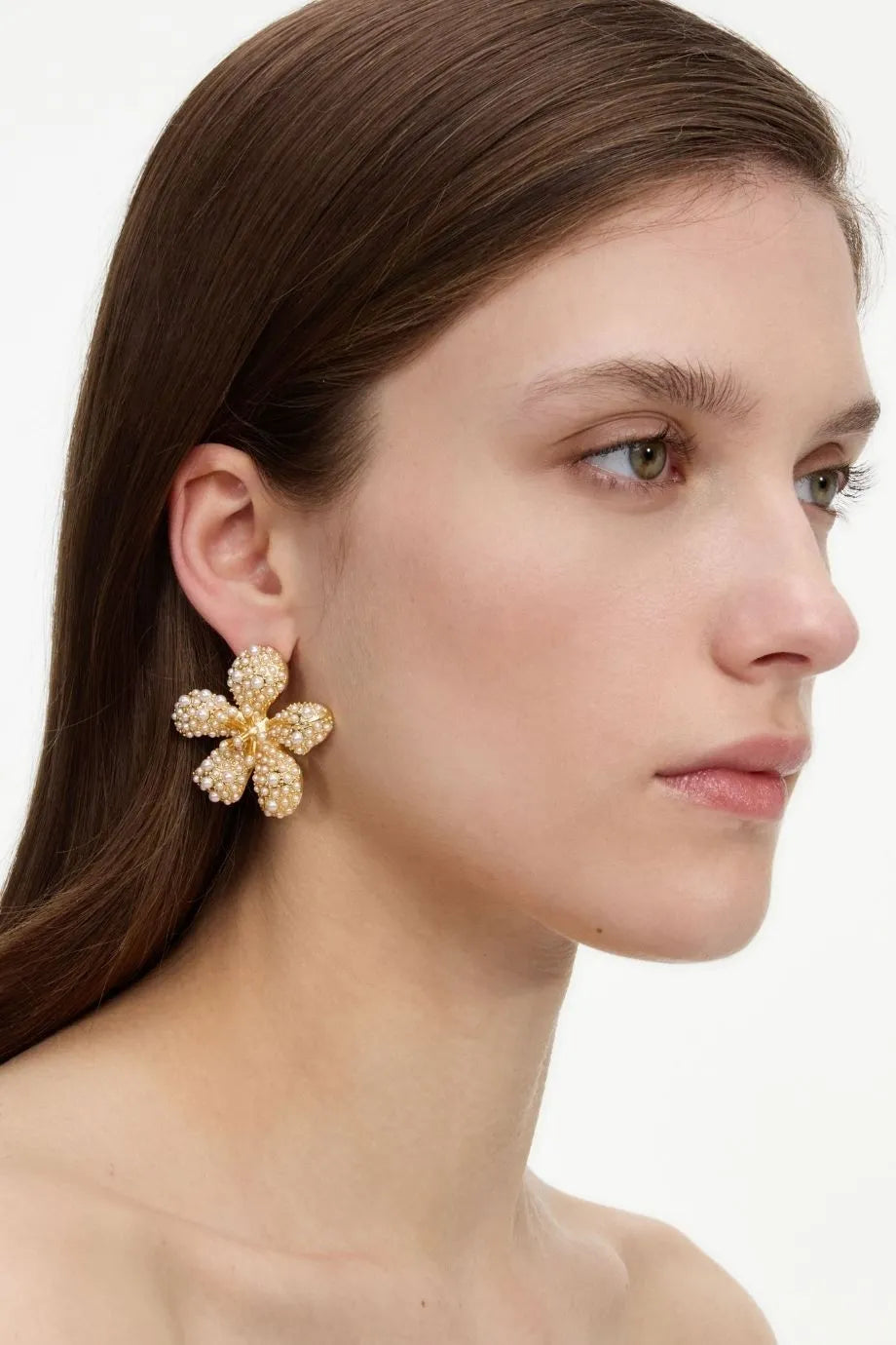 Pearls Encrusted Floral Earrings in Gold