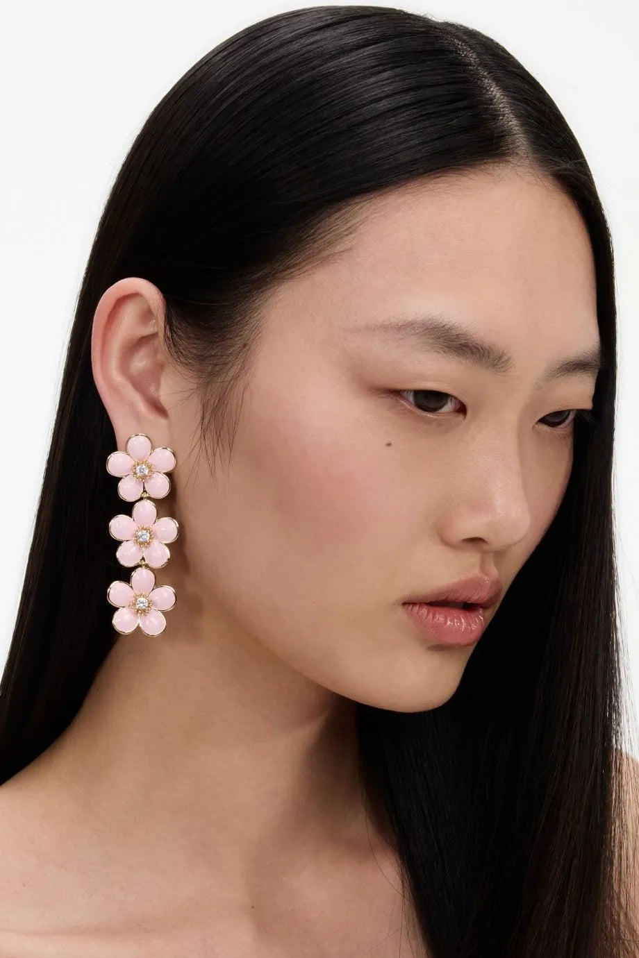 Enamel Floral Tiered Earrings in Pink