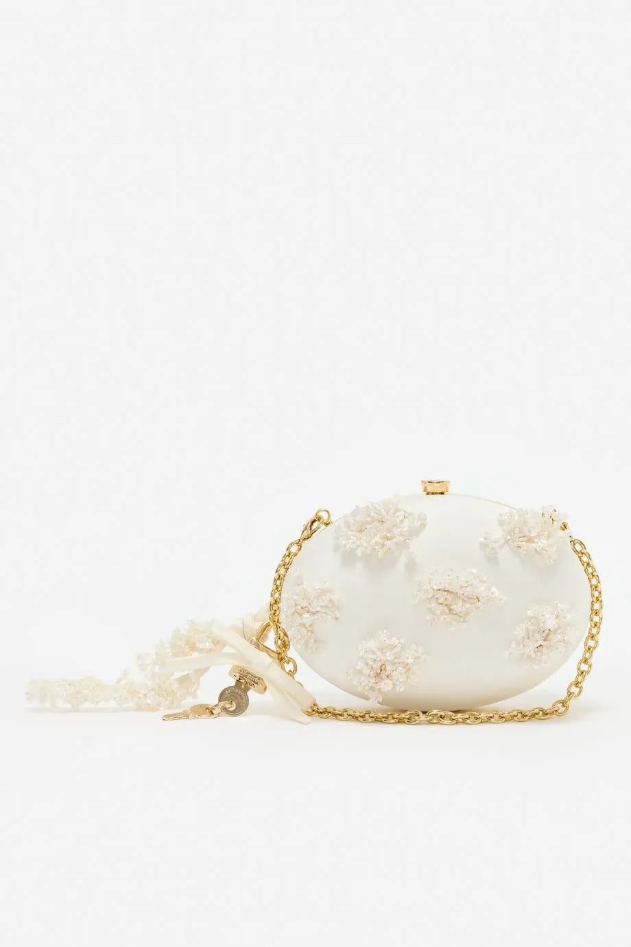Satin Floral Beaded Oval Clutch Bag in Cream