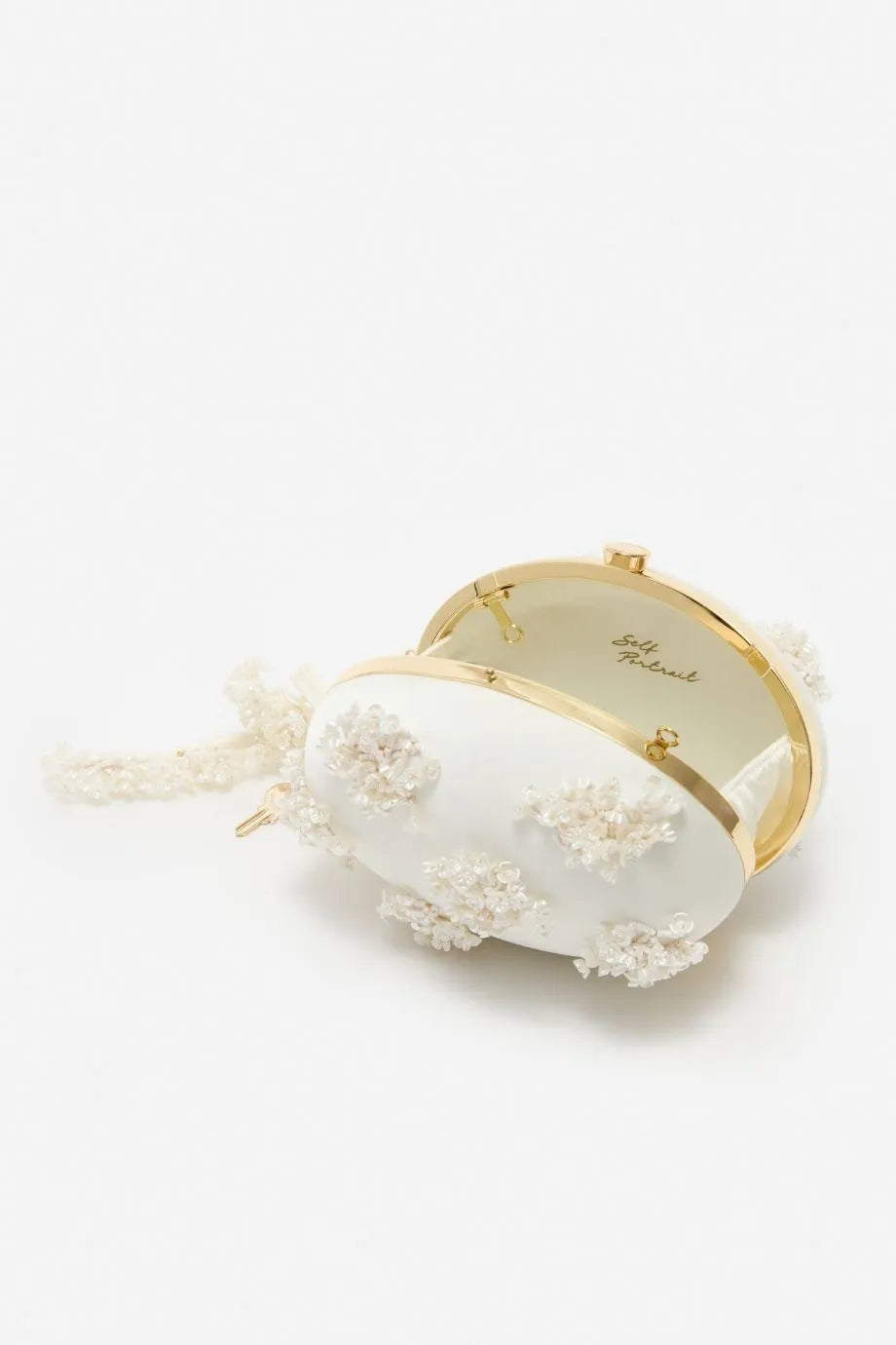Satin Floral Beaded Oval Clutch Bag in Cream
