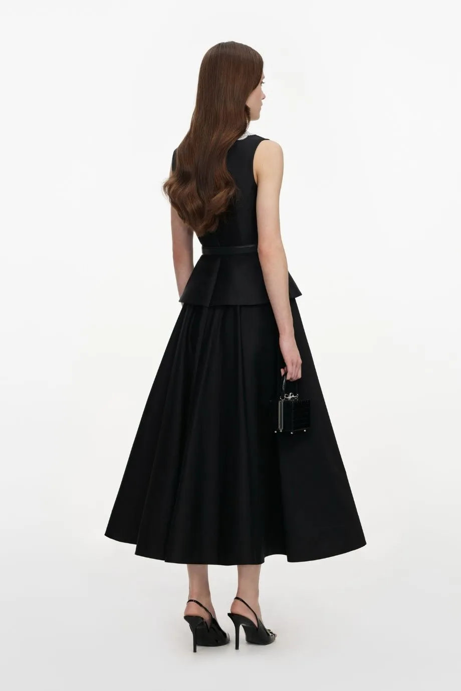 Taffeta Sleeveless Peplum Belted Midi Dress in Black