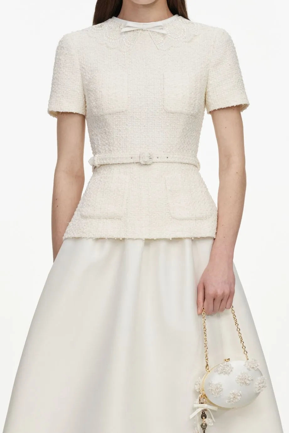 Boucle Short Sleeves Taffeta Belted Midi Dress in Cream