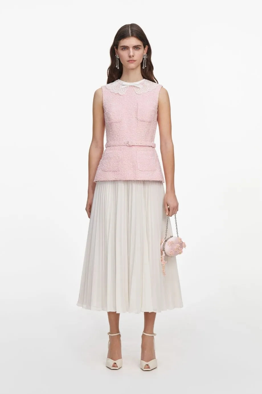 Boucle Lace Collar Belted Sleeveless Midi Dress in Pink