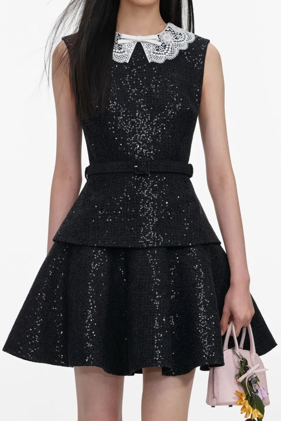 Sequin Collar Boucle Sleeveless Mini Dress in Black