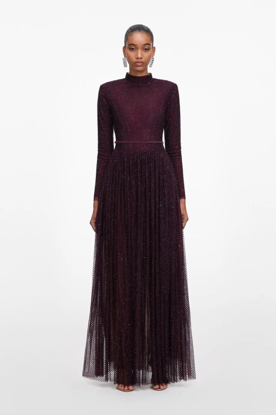 Rhinestones Long Sleeves Belted Evening Dress in Burgundy