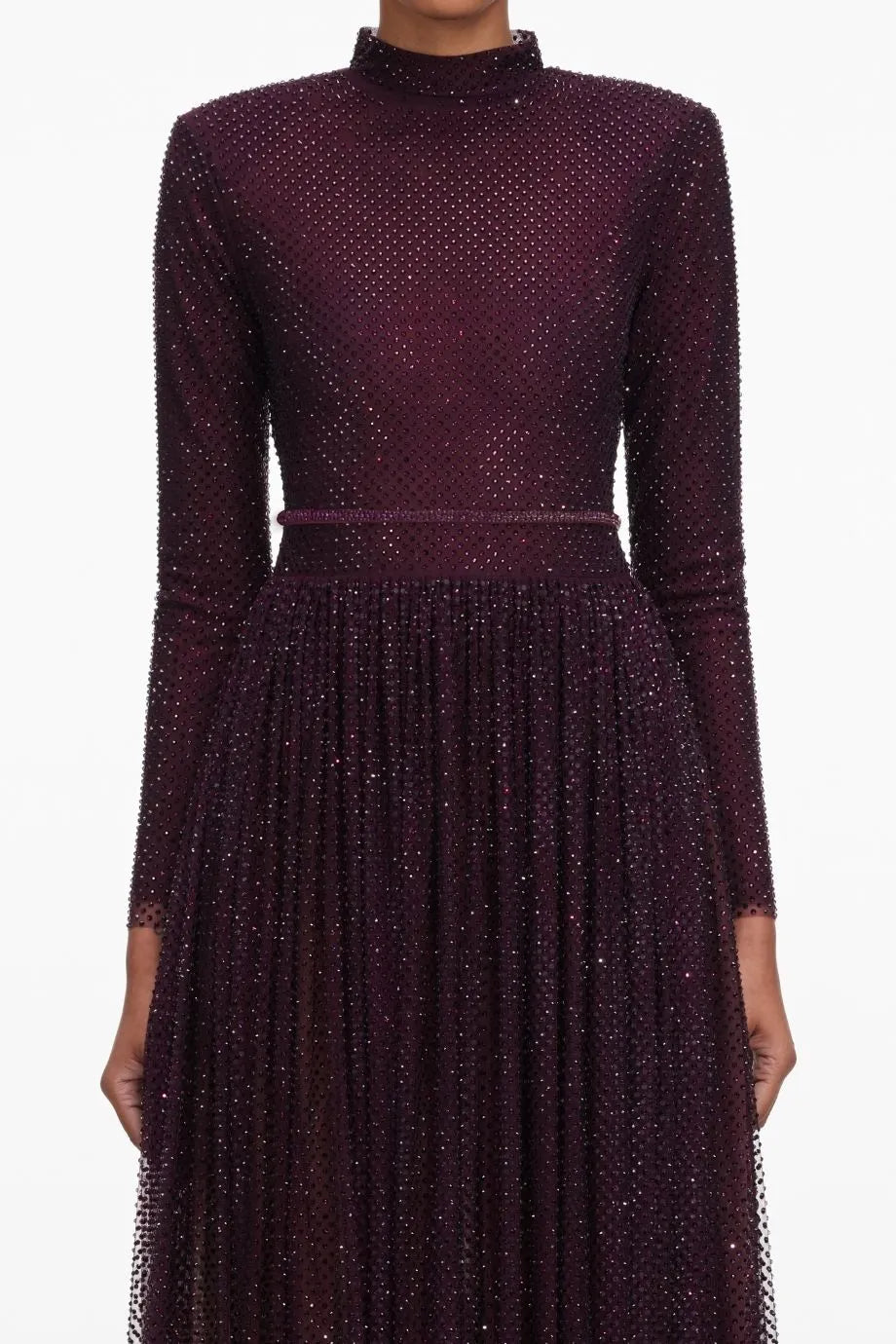 Rhinestones Long Sleeves Belted Evening Dress in Burgundy