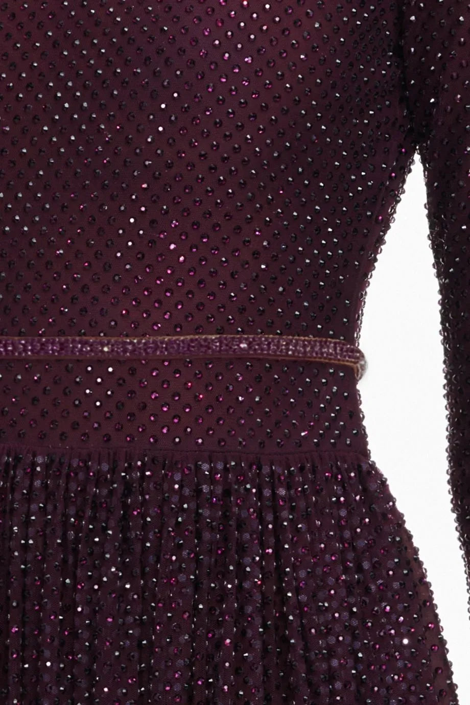 Rhinestones Long Sleeves Belted Evening Dress in Burgundy