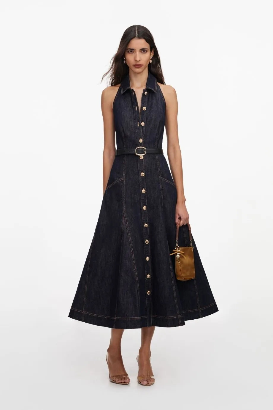 Denim Halter Neck Sleeveless Cotton Belted Midi Dress in Blue