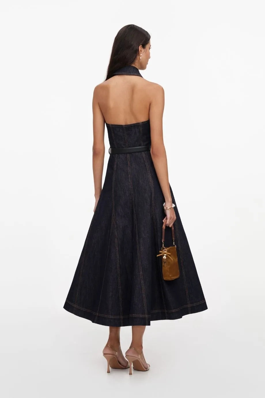 Denim Halter Neck Sleeveless Cotton Belted Midi Dress in Blue
