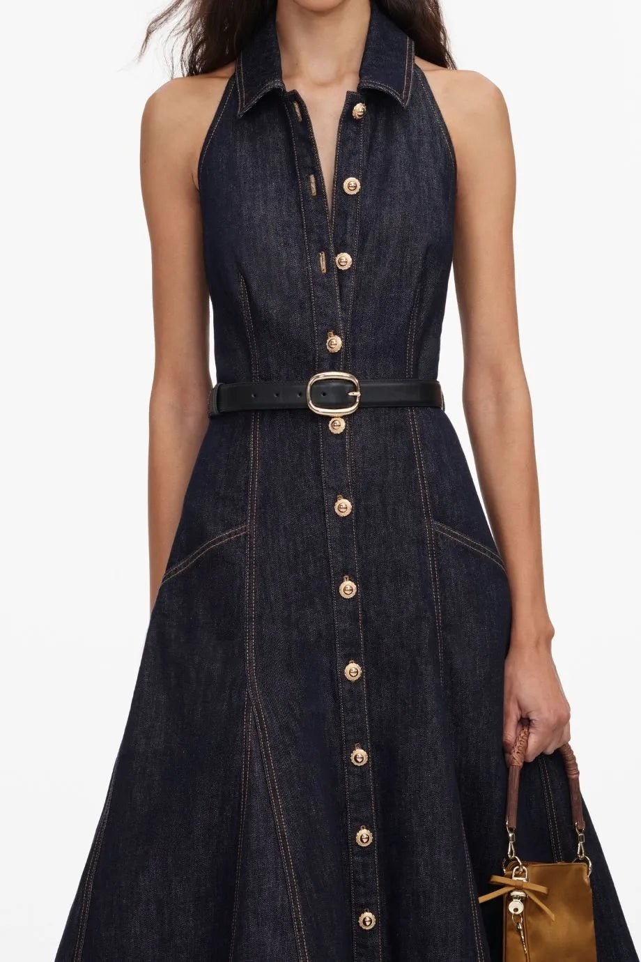 Denim Halter Neck Sleeveless Cotton Belted Midi Dress in Blue