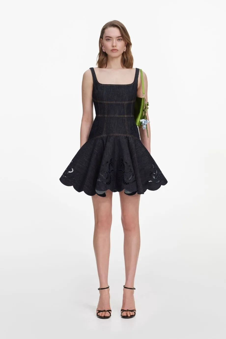Denim Bow Embroidered Sleeveless Cotton Mini Dress in Blue