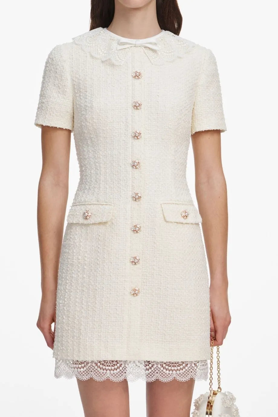 Boucle Short Sleeves Lace Trim Mini Dress in Cream
