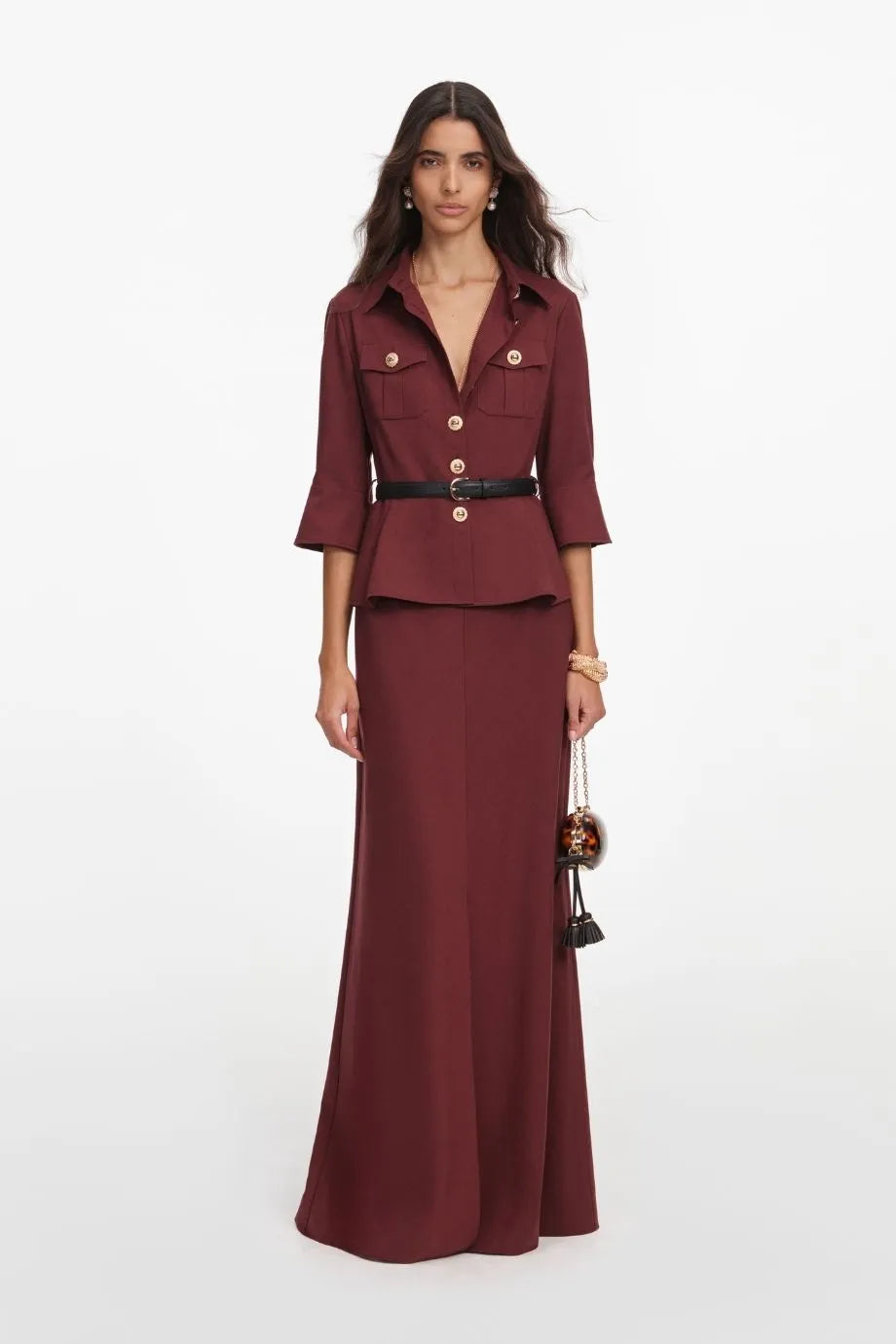 Twill Long Sleeves Belted Maxi Dress in Brown