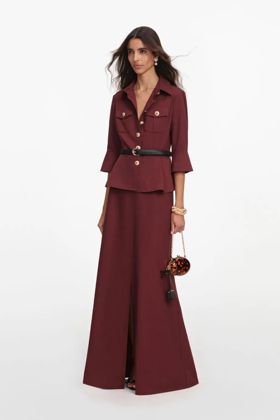 Twill Long Sleeves Belted Maxi Dress in Brown