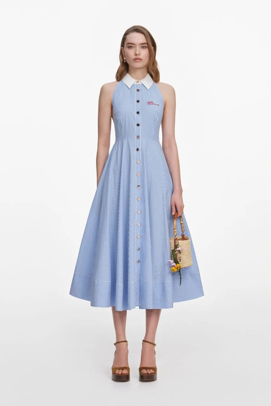 Striped Sleeveless Collar Cotton Midi Dress in Blue