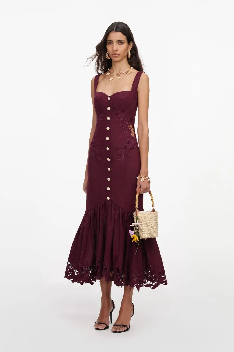 Buttoned Linen Lace Sleeveless Midi Dress in Burgundy