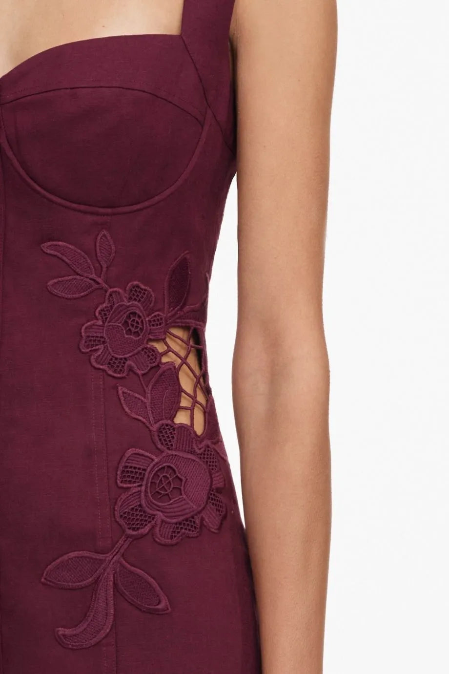 Buttoned Linen Lace Sleeveless Midi Dress in Burgundy