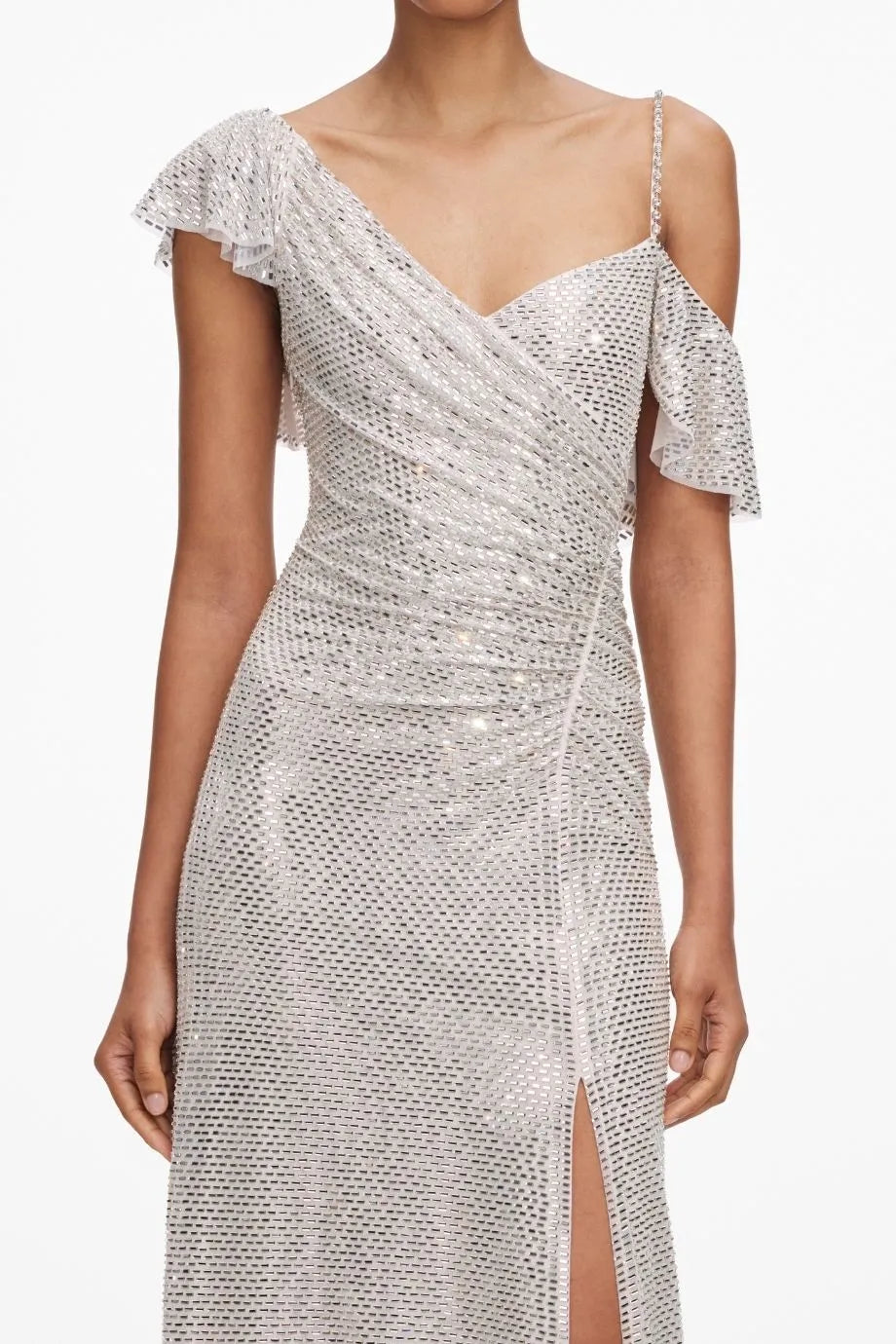 Rhinestones Ruffles Draped Evening Dress in Beige