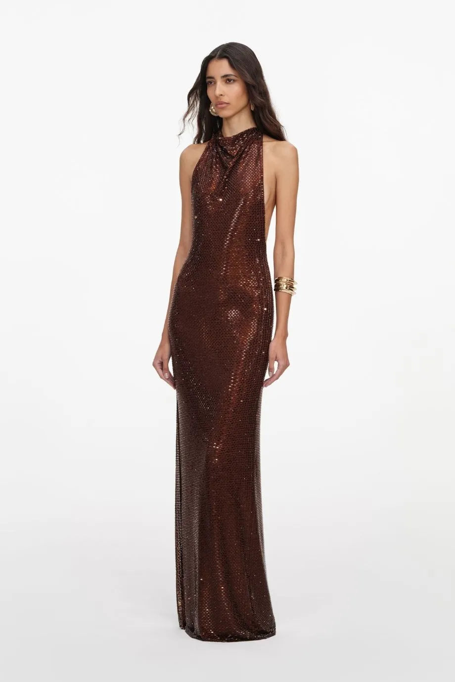 Rhinestones Racer Back Evening Dress in Brown