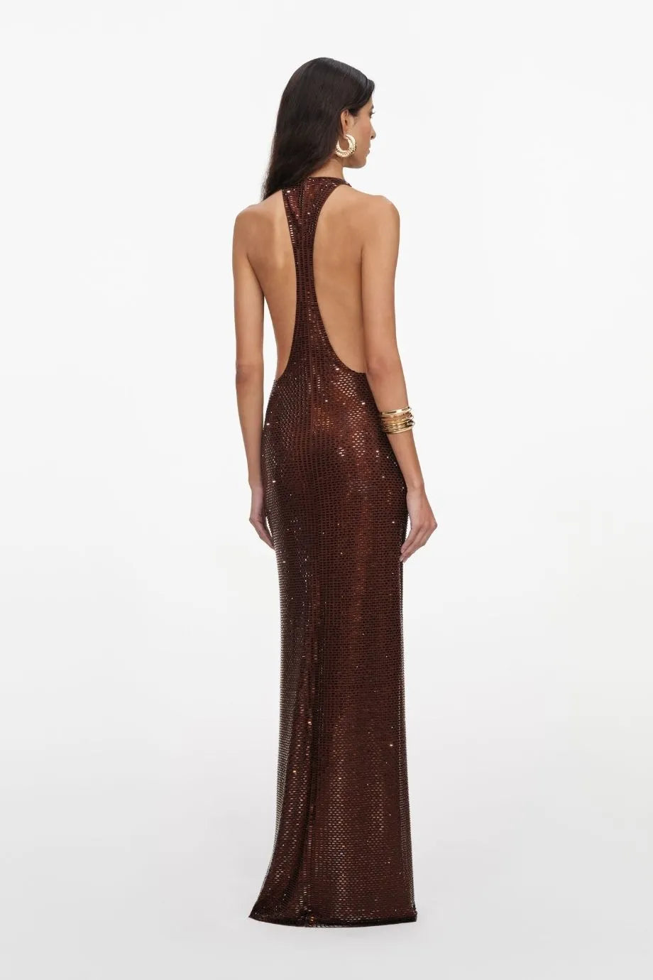 Rhinestones Racer Back Evening Dress in Brown
