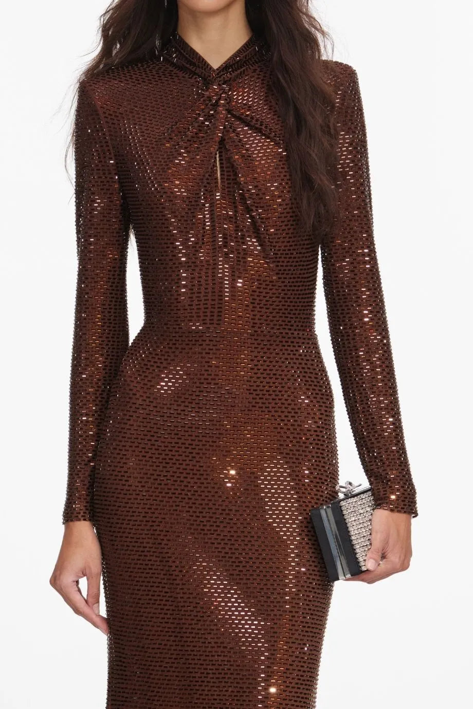 Long Sleeves Rhinestones Evening Dress in Brown