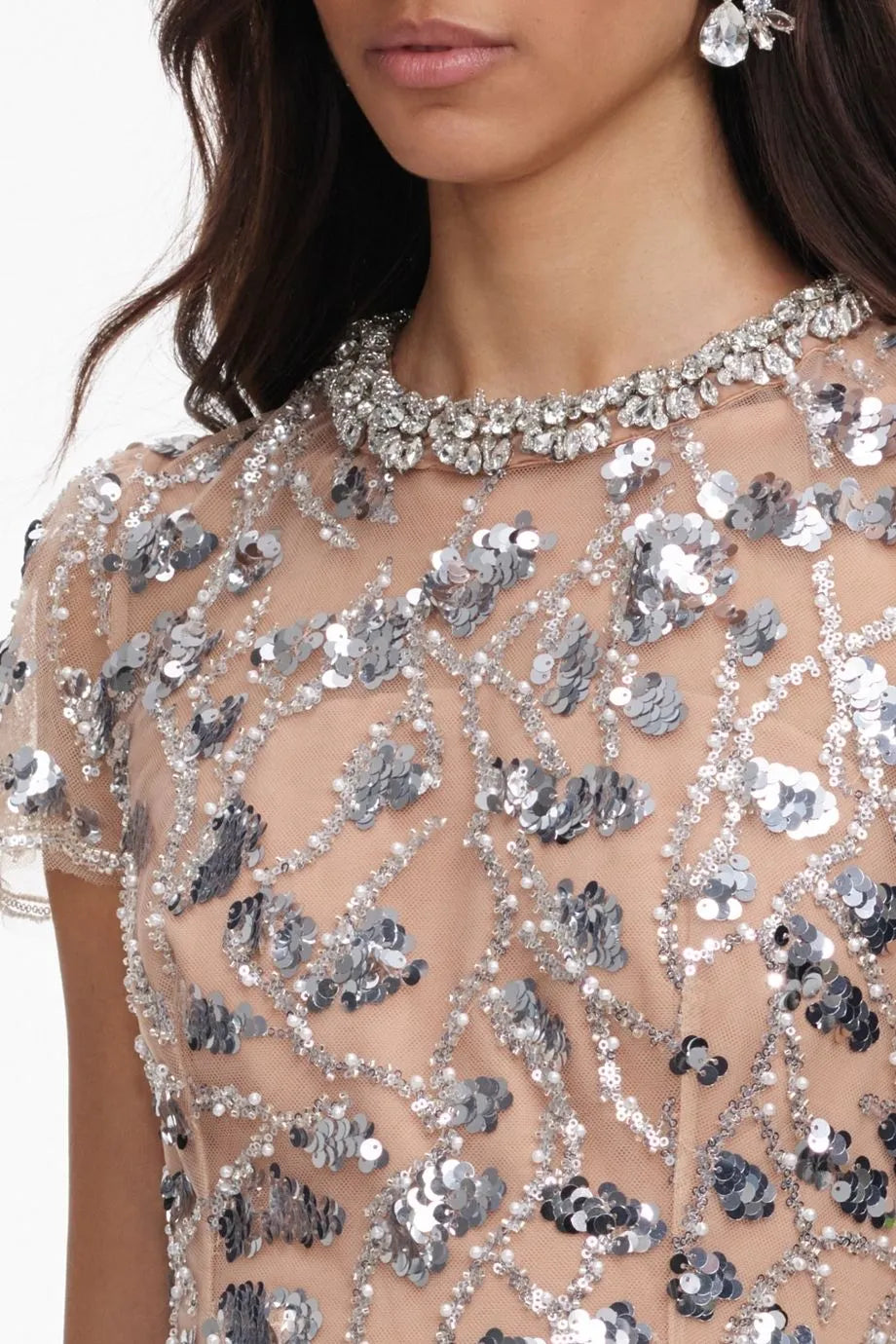 Sequin Collar Embellished Short Sleeves Evening Dress in Silver