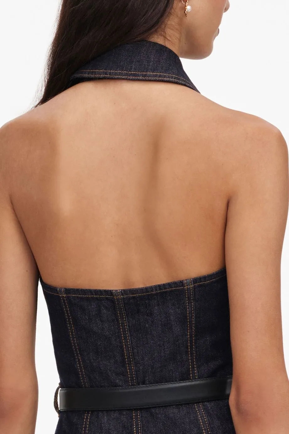 Denim Halter Neck Sleeveless Cotton Belted Midi Dress in Blue