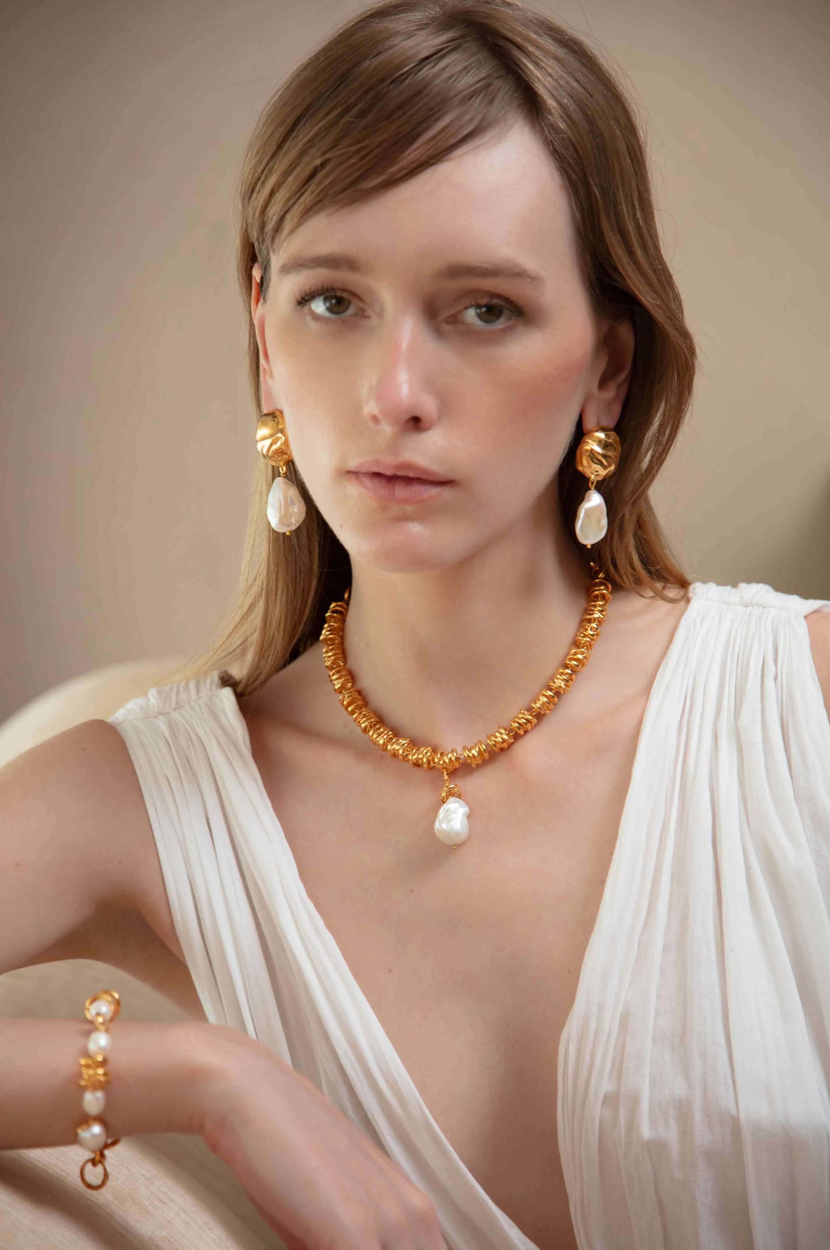Medium Orbs Earrings With Dangling Baroque White Pearl in Gold