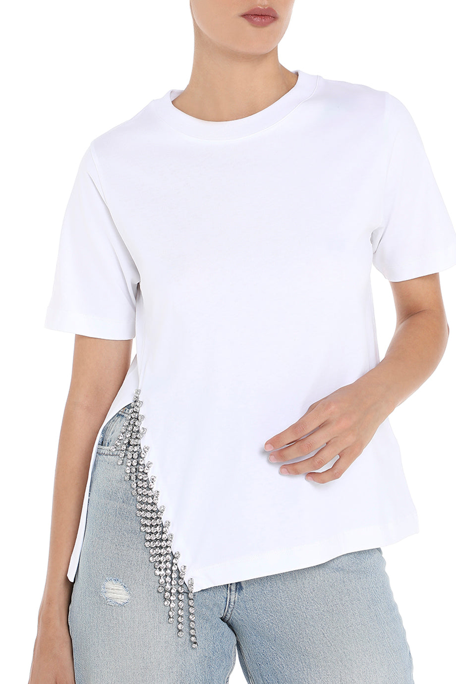 Christopher Kane Crystal Cupchain T-Shirt in White. Detail view.