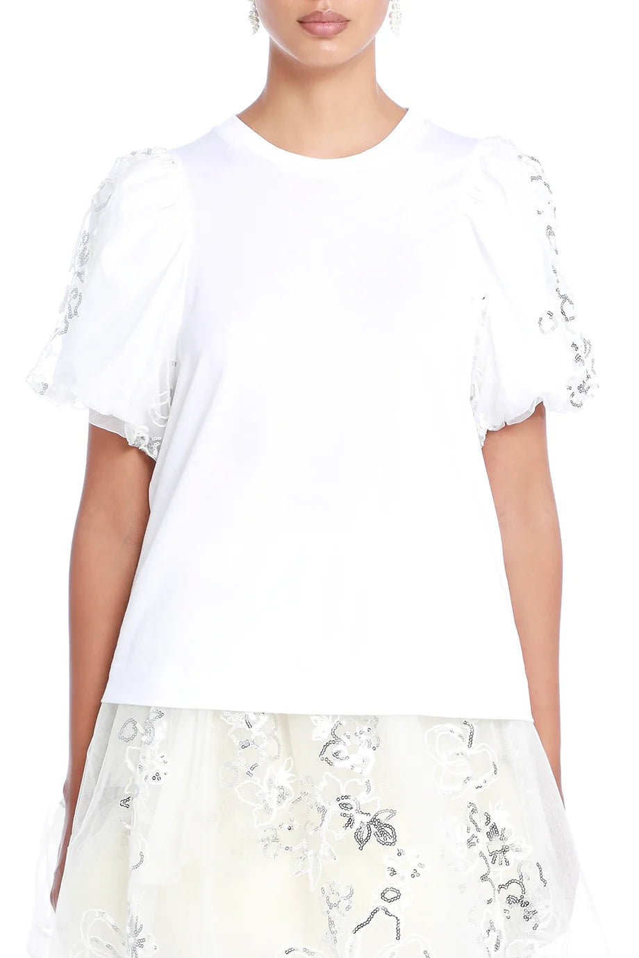 Sequin Tulle Puff Sleeve A-Line T-Shirt