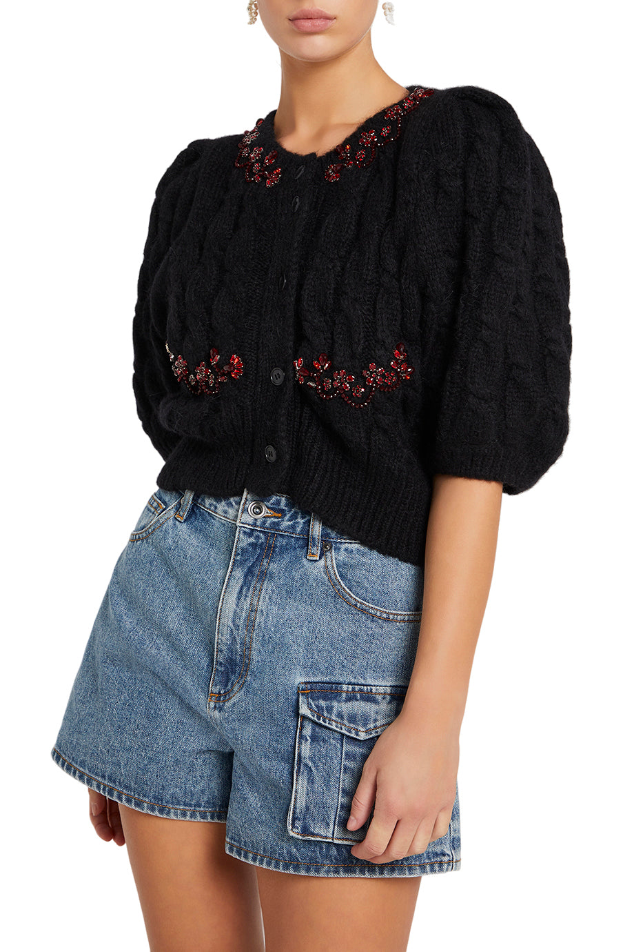 CROPPED CABLE PUFF SLEEVE CARDIGAN