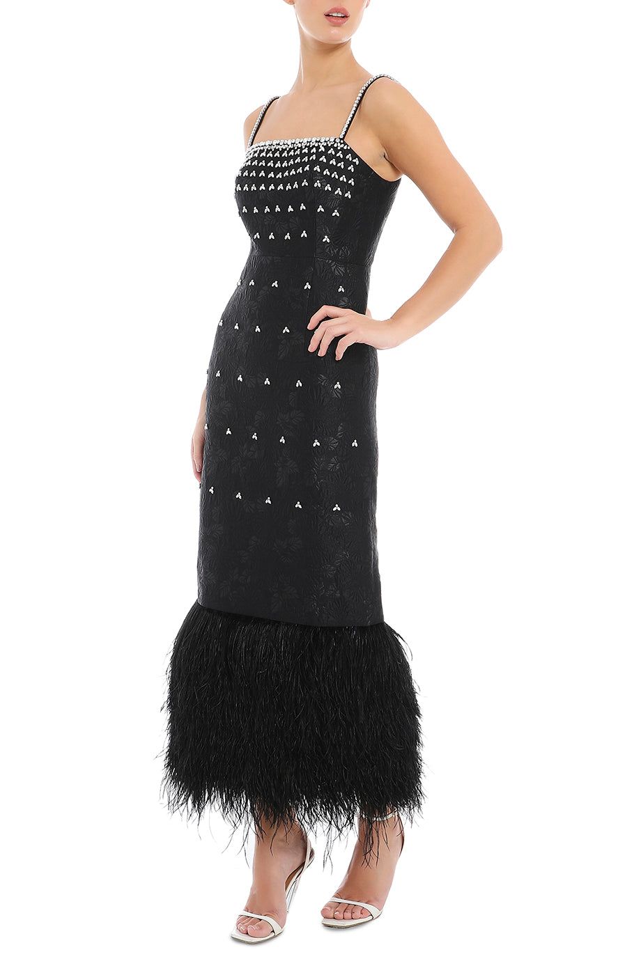 Bustier Midi Dress With Crystal Details & Feathers