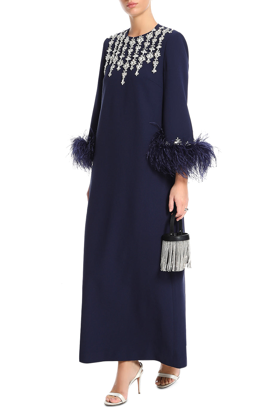 Maxi Gown With Crystals And Feather Cuffs