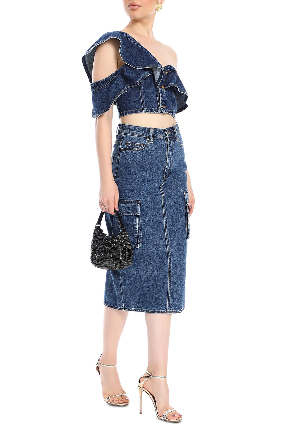 Denim Cargo Midi Skirt