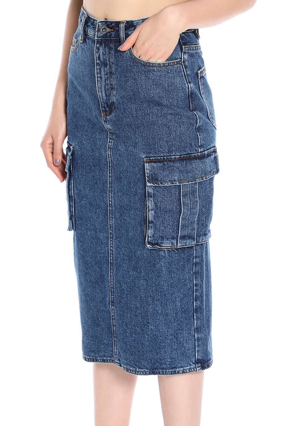 Denim Cargo Midi Skirt