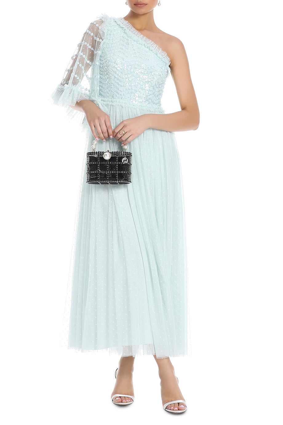 Shimmer Wave Gloss Bodice One Shoulder Maxi Dress