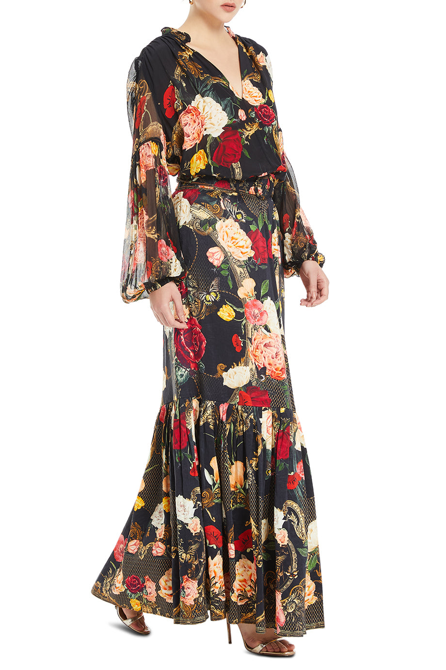 Deep Hem Frill Floral Maxi Skirt