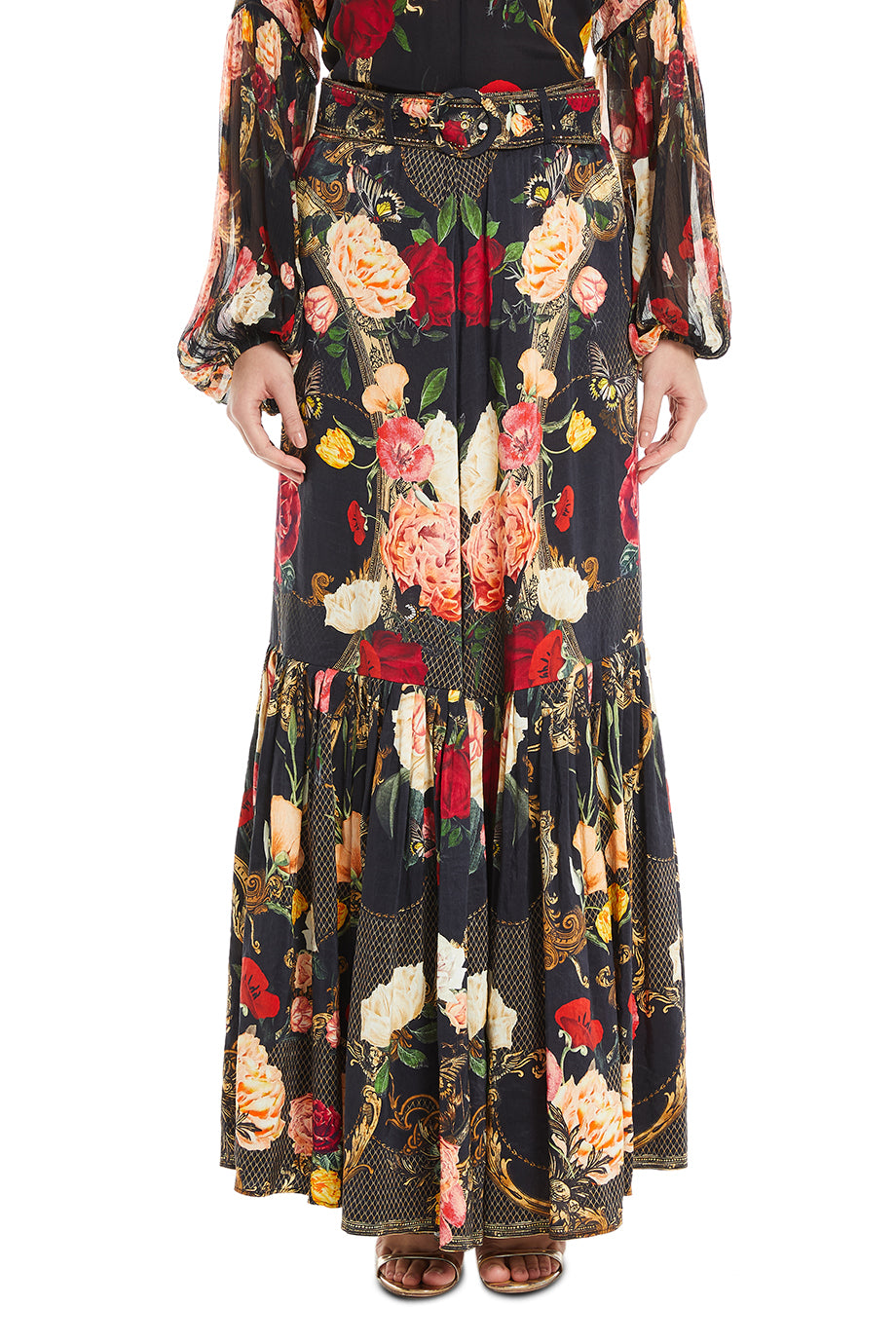 Deep Hem Frill Floral Maxi Skirt