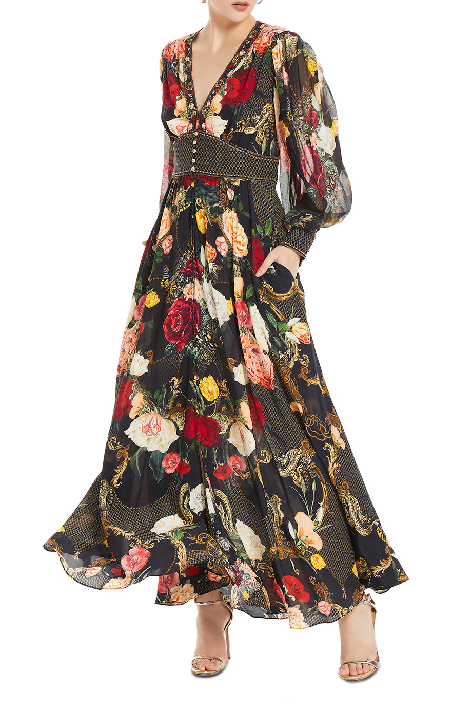 Shaped Waistband Gathered Sleeves Floral Dress