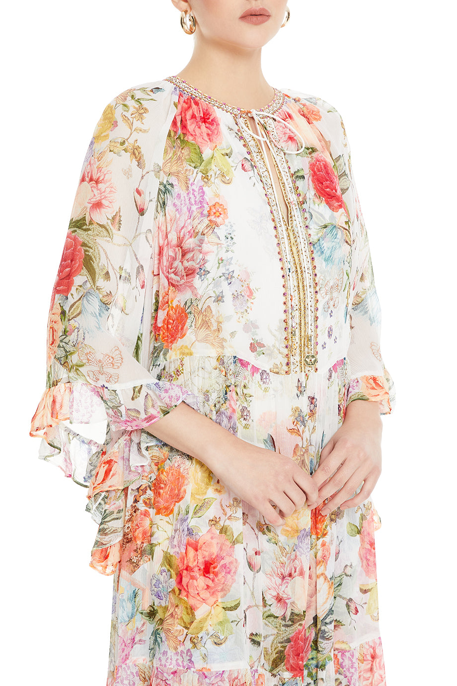 Wide Sleeve Gathered Floral Maxi Dress